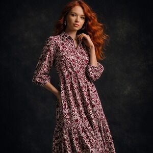 Anthropologie Maeve Bettina Tiered Midi Shirt Dress‎ S NWT Wine Ikat